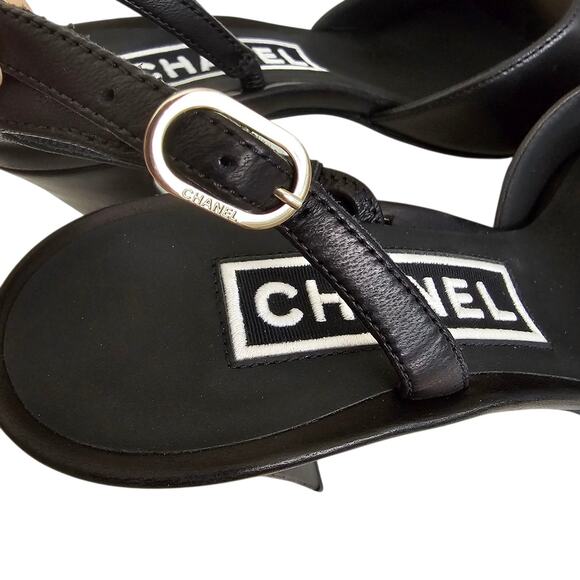Chanel 24P CC Slingback Heel Sandal Size 38 US 7 7.5 Black Leather Block Heel - Picture 10 of 14